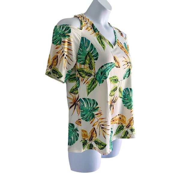 Cha Cha Vente Women's Tropical Leaf Print Cold Shoulder Top Large NEW NWT - Picture 4 of 10